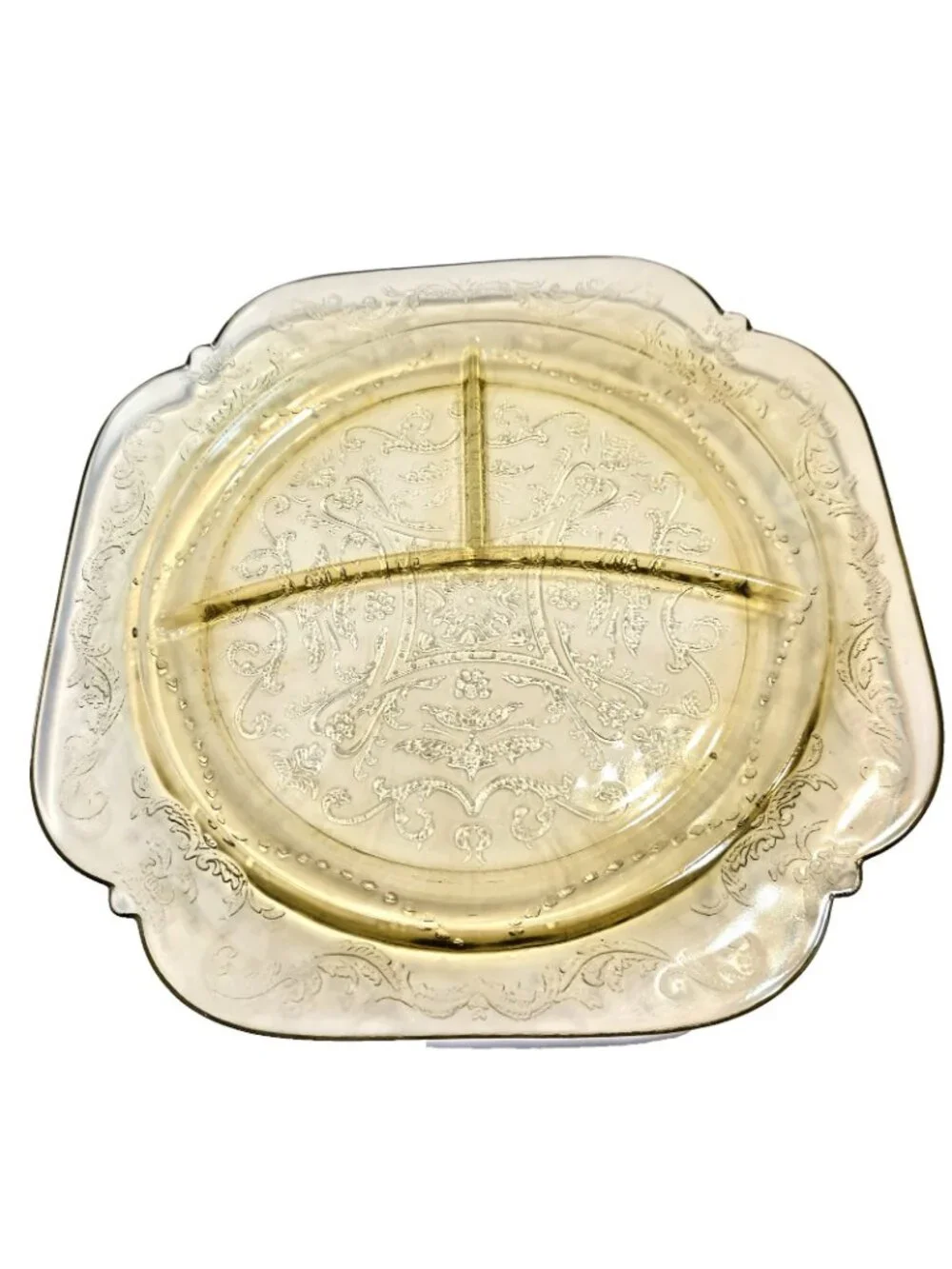 Federal Madrid Etched Divided 3 Section Depression Glass Plate Floral Scrolled